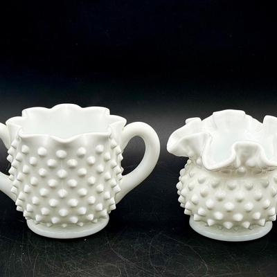 Hobnail Milk Glass Open Sugar Bowl & Bud Vase