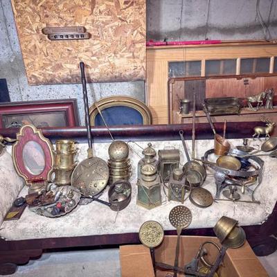 Antique Sofa, TONS of vintage brass & copper items