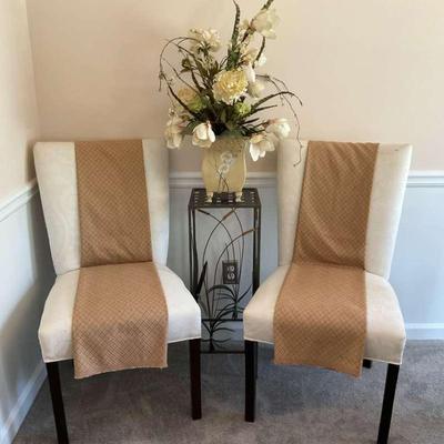 Set of Two Upholstered Chairs with Accent Table and Floral Arrangement