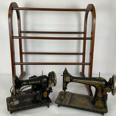 Vintage Singer Sewing Machines & Wood Rack Collection