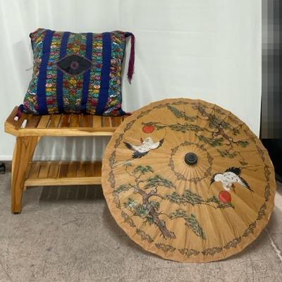 Teak Shower Bench, Asian Antique Umbrella, & Decorative Pillow 