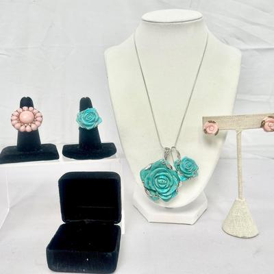 Sterling, Turquoise And Pink Gemstone Flower Jewlery 