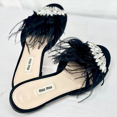Miu Miu Embellished Black Leather Slide Sandals Women’s 
