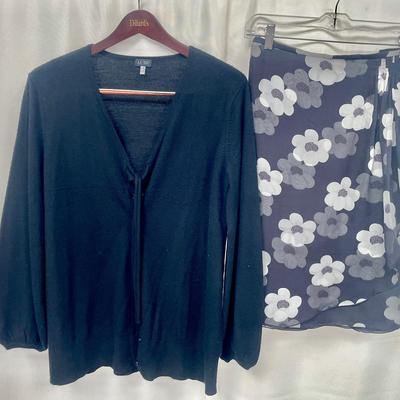 Armani Cardigan Sweater & Silk Skirt With Floral Chiffon Wrap