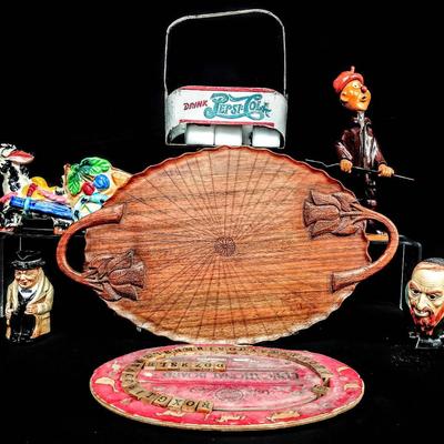 Vintage Collectibles Lot – Carved Wood Tray, Pepsi Crate, and More