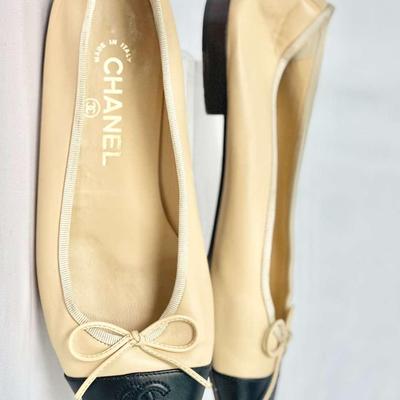 Chanel Ballet Flats In Beige With Black Capped Toes 
