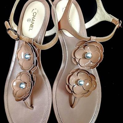 Chanel Beige Patent Camellia Sandals