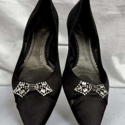 Giorgio Armani Womans Black Satin Rhinestone Bow Shoes