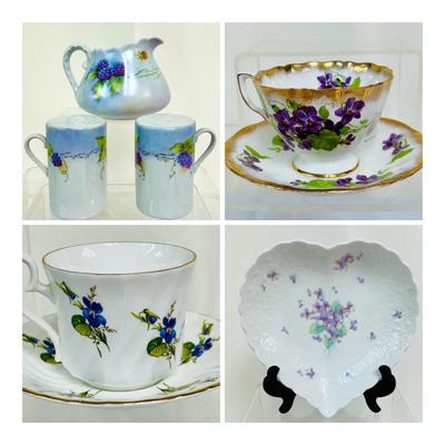 (15pcs) Pretty Purple Fine Bone China:  Violets, Pansies, Grapes