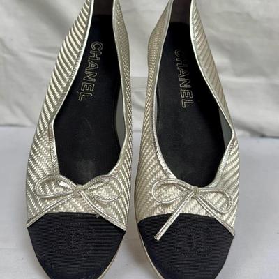 Chanel Metallic PVC Woven Grosgrain Cap Toe Ballet Flats