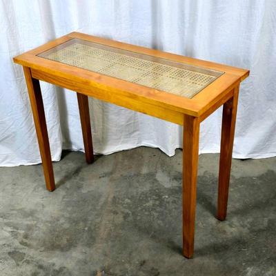 Vintage Rattan Cane Sofa Table with Glass Top
