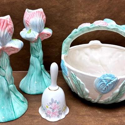 “Bone China” Bell and Vintage Ceramic Pastel Candlesticks with Basket Bowl 