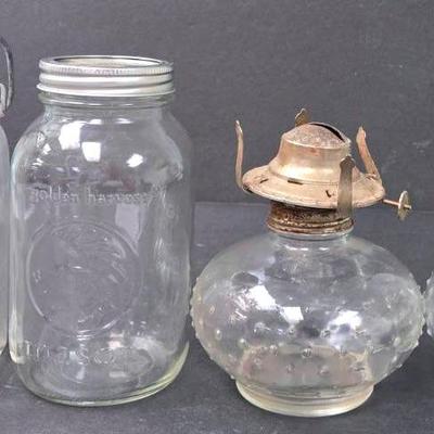 "Atlas" Good Luck & Golden Harvest Jars With Oil Lamps
