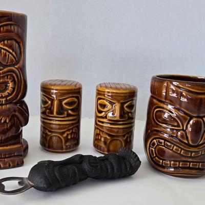 Ceramic Tiki Mug, Cup, Salt & Pepper & Bottle Opener