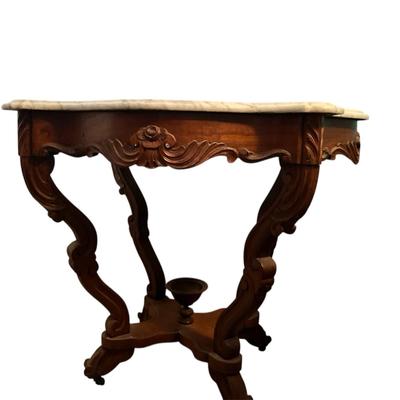 Victorian Marble-Top Parlor Table – Ornate Carved Walnut Base