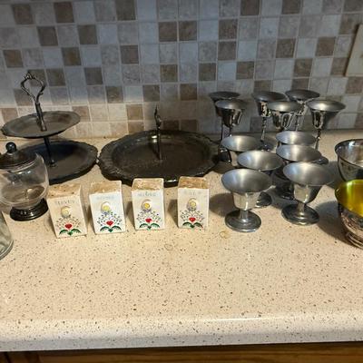 Vintage serving pieces and metal cups