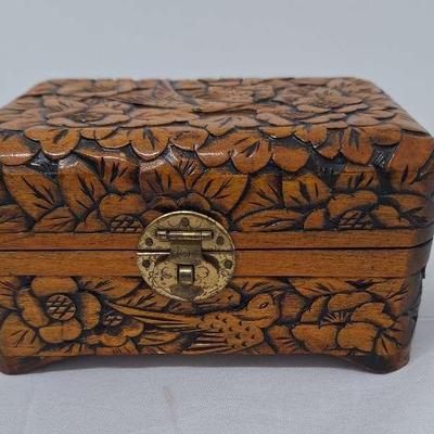 Vintage Hand Carved Wood Box with Hinged Lid Flowers and Bird Trinket Box