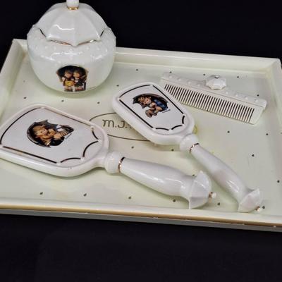 M. J. Hummel 5 Piece Vanity Set for Danberry Mint - Tray- Brush - Comb - Mirror Powder Vase