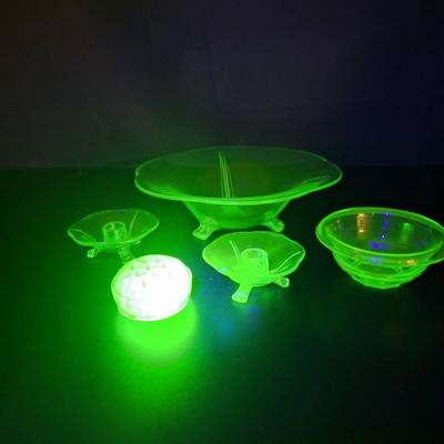 Fostoria Fairfax Green Uranium Footed Bowl -Dish - 2 Candle Holders - Green Frog Flower Vase
