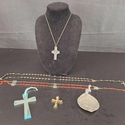 Religious Lot Waterford Crystal Celtic Cross Sterling Chain Necklace - Murano Art Deco Cross