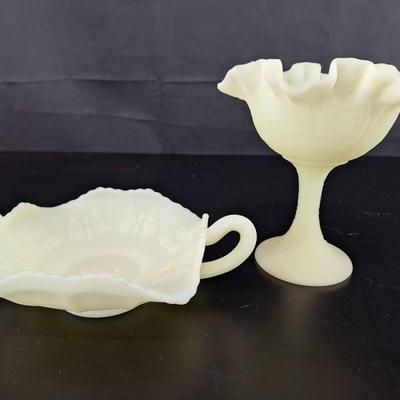 2 Fenton Uranium  Frosted Custard Compote Ruffled Edge Vase - Double Handle Candy Dish