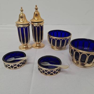 6-Cobalt Blue Salt and Pepper Shakers - Salt Dishes with Hallmark Markings - 2 Spoons