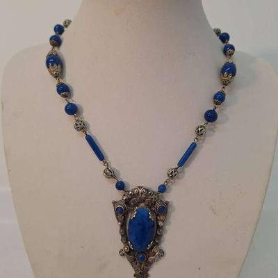 Lapis Glass Vintage Stones Necklace - Signed Czechoslovakia