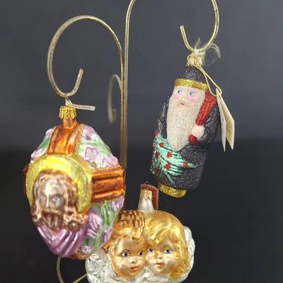 3 Handblown Vintage Ornaments - Larry Fraga Faux Fur Santa - Slavic Cheerful Cherubs