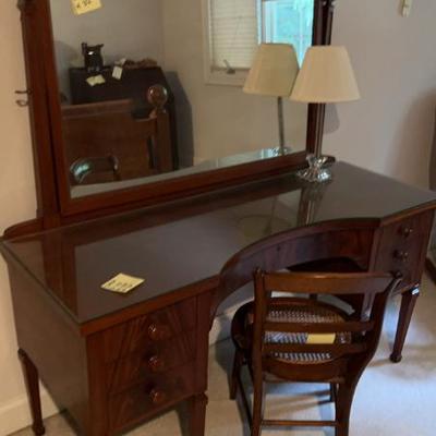 Mahogany dressing table vanity with chair mirror and lamp