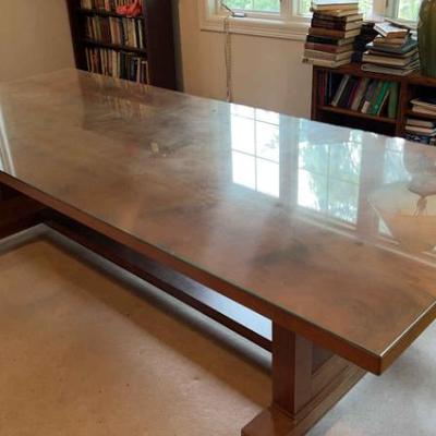 Enormous solid wood glass covered desk or dining table