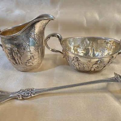 Victorian sterling creamer sugar bowl & food pusher