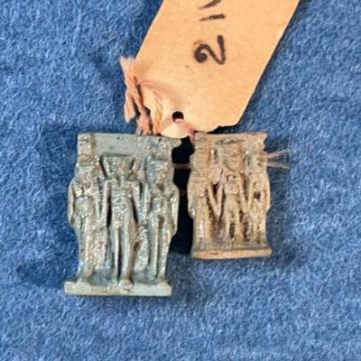 Pair of egyptian faience triad plaque amulets