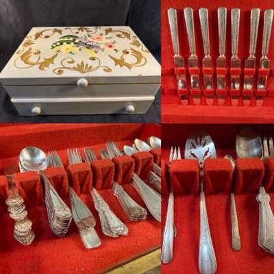 Hand painted flatware box w variety of silverplate flatware