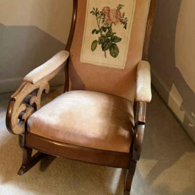 Antique rocking chair embroidered backrest
