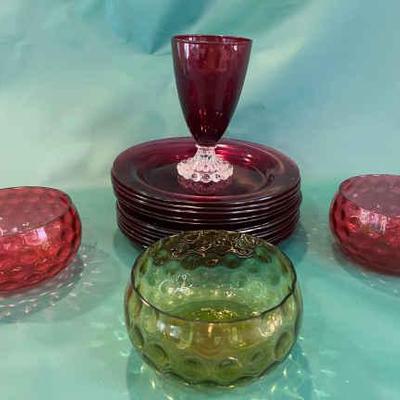Cranberry glass dessert plates and bowls