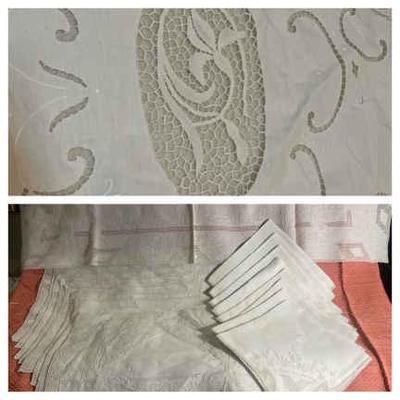 Antique linens cut work and large tassled tablecloth