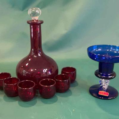 Ruby red glass set and blue candle holder