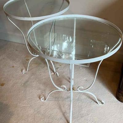2 round painted metal glass top tables
