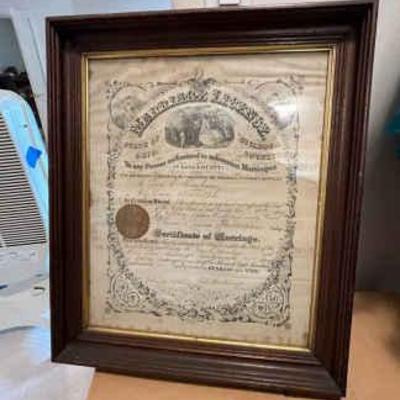 Framed marriage document from 1874