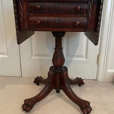 Antique empire carved flame mahogany drop leaf sewing side table
