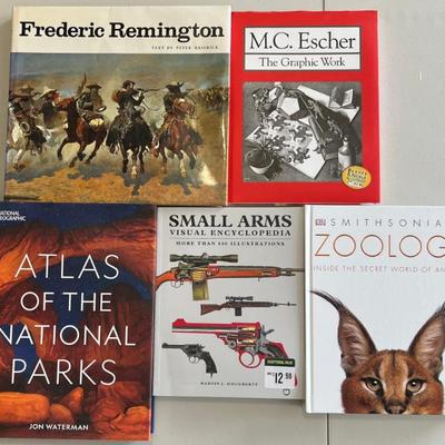 (5) Coffee Table Books - Frederic Remington, M. C. Escher, Small Arms, Atlas Of National Parks, Zoology