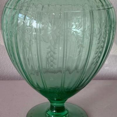 1930's Tiffin Green Vaseline Glass Vase Wire Optic And Etched Flower  (as Is)