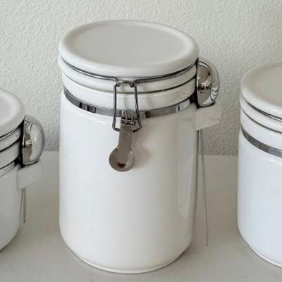 Set Of 3 Home White Porcelain Snap Front Canisters With Spoons