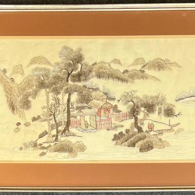 Vintage Japanese Silk Embroidery With Glass Front Frame 