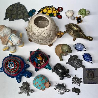 Brass, Pewter, And Pottery Turtle Lot