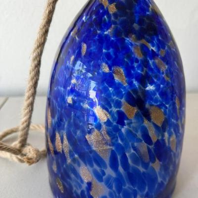 Hand Blown Art Glass Bell With Wood Ringer And Rope Handle