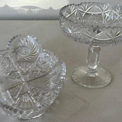 (2) Cut Crystal Saw Tooth Atomic Pattern Compote And Ovel Dish (as Is)