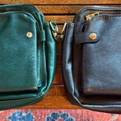 (2) Faux Leather Travel Bags With Detachable Straps - Green & Black 