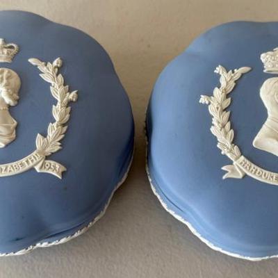Pair Of Wedgwood 1953 Pale Blue Jasper Queen Elizabeth And Duke Of Edinburgh Trinket Boxes