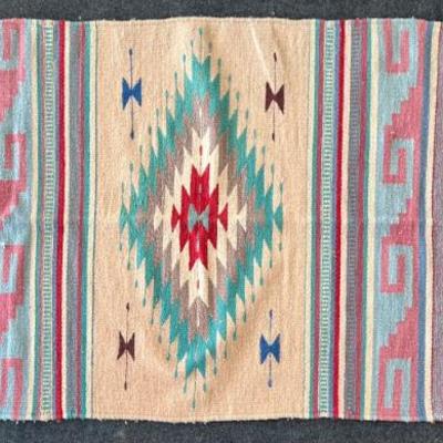 Vintage Mexico Wool Geometric 56" X 28" Rug With Fringe